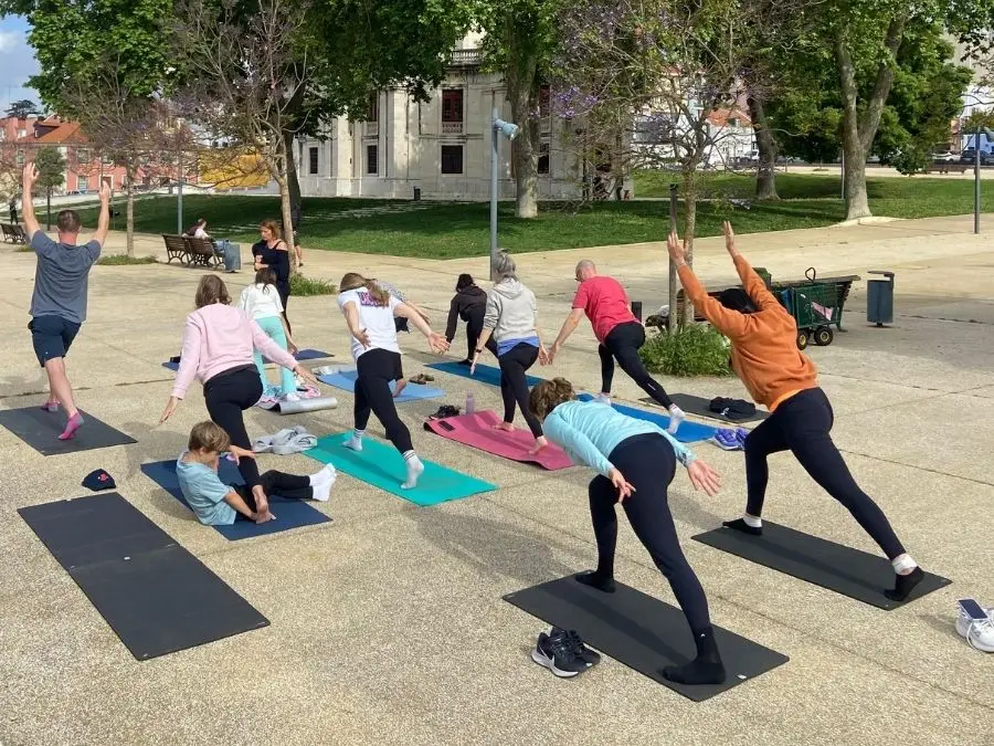 Free yoga class at Praça da Igreja da Memória, in Ajuda, Lisbon, Portugal